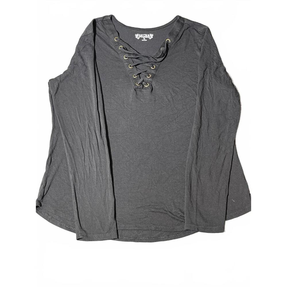 Mudd Black Lace-Up V- Neck Long Sleeve Casual Top - Size XL Indie Grunge Goth
